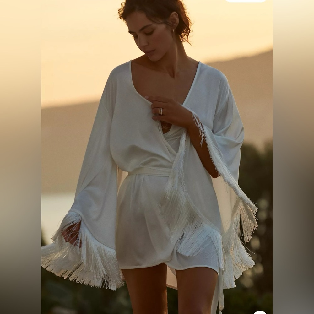 Anthropologie Homebodii Priscilla fringe luxury satin robe